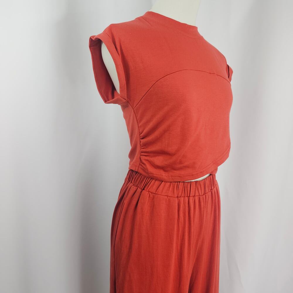 Cupshe Rust Orange Jersey Wide Leg Pants & Cropped Wrap Top Women's Size S NWT - Picture 6 of 16